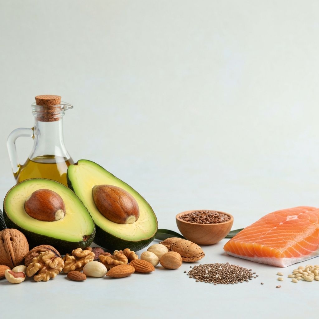 Healthy fat sources including avocado, olive oil, and nuts