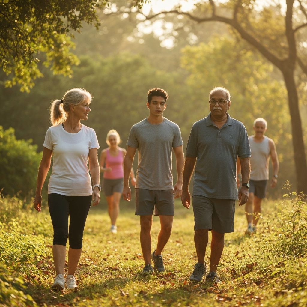 People walking outdoors in nature during peaceful morning