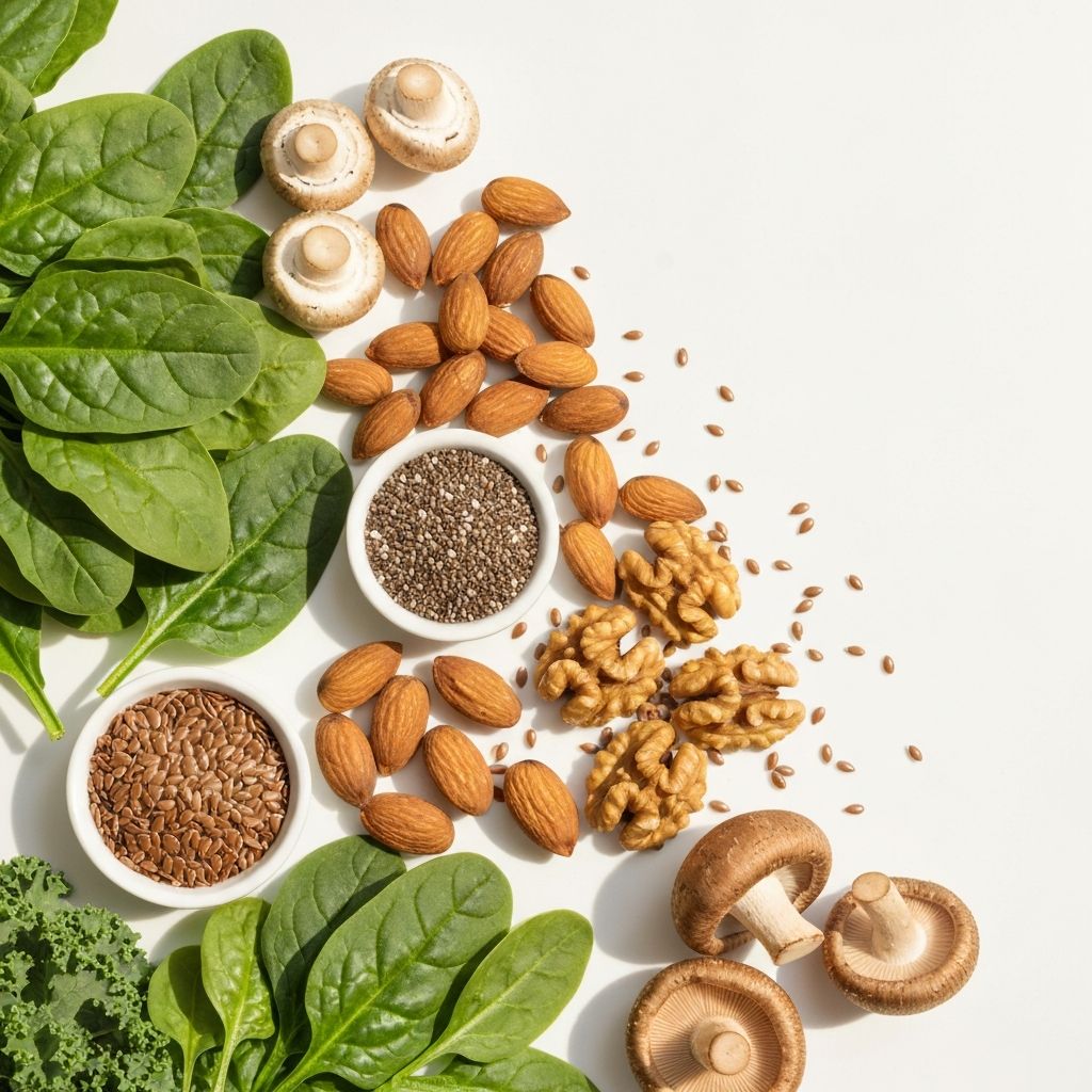 Mineral-rich foods including dark leafy greens, nuts, and seeds