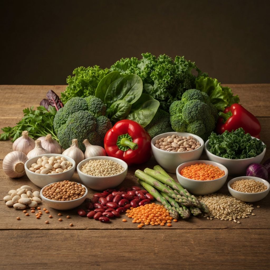 Plant-based foods including leafy greens, legumes, and vegetables
