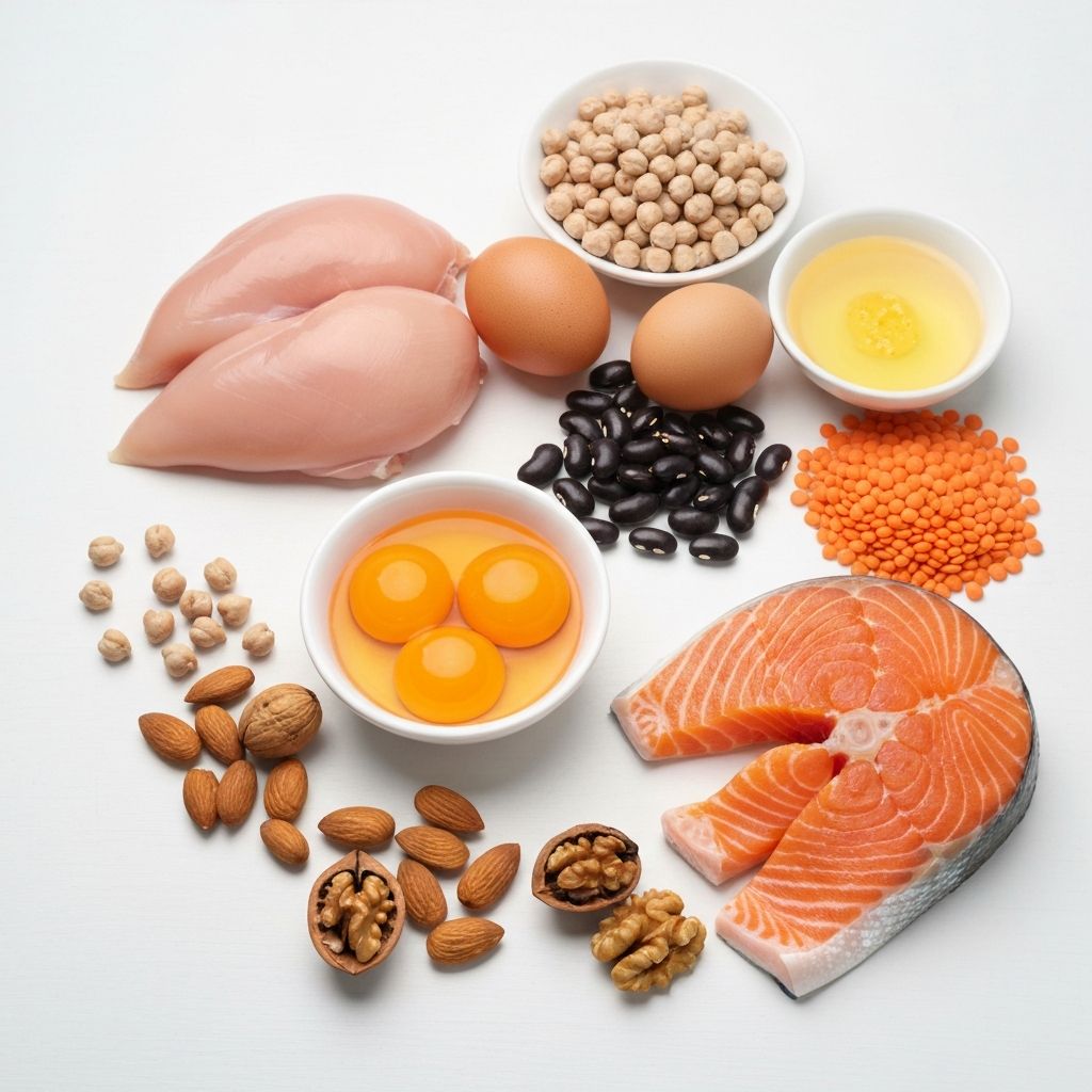Protein-rich foods including chicken, eggs, and legumes